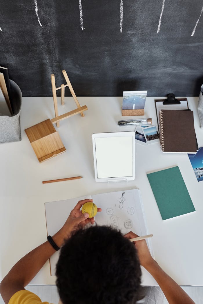 Top View Photo of Boy Drawing on White Paper